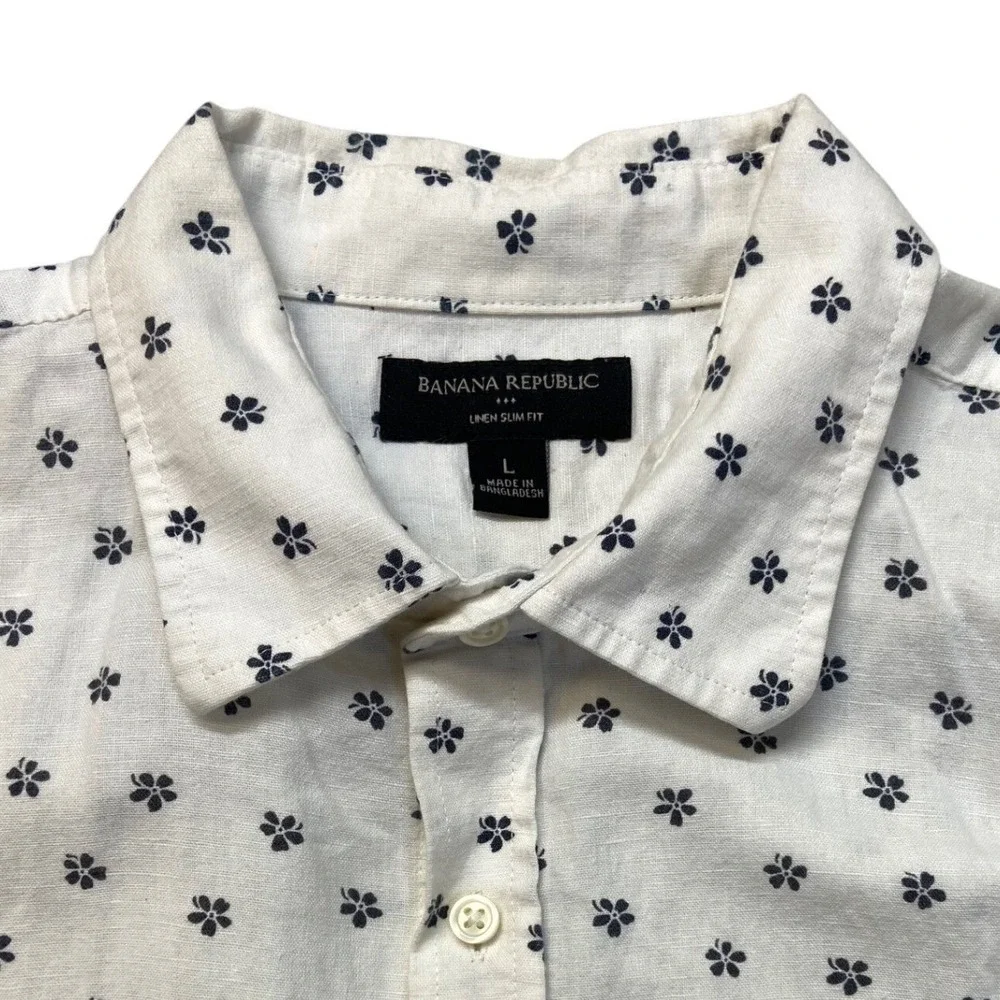 Banana Republic Shirt Mens L‎ White Excellent Linen Slim Fit Floral Short Sleeve